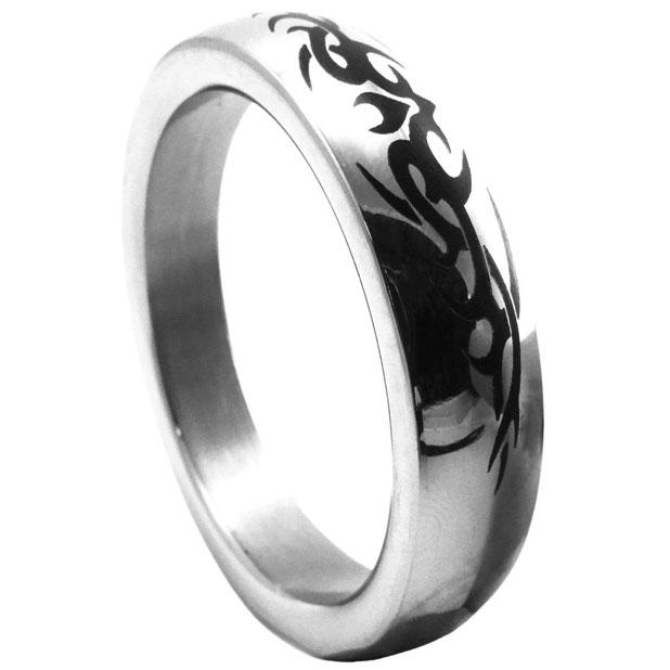 Polished Stainless Steel Cock Ring Inlaid Tribal Design 